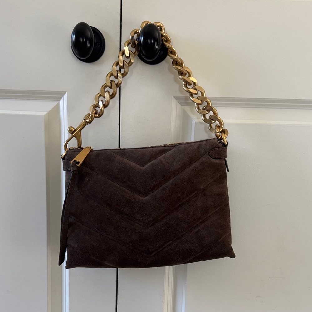 Rebecca Minkoff Dark Brown Suede Shoulder Bag with Gold Chain